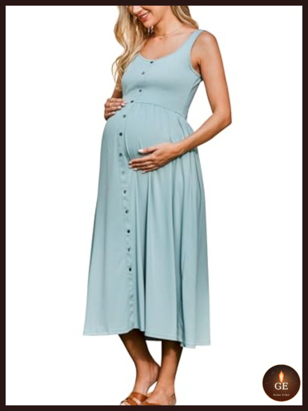 Maternity Dress Scoop Neck Sleeveless Button Down Midi Sundress with Pockets
